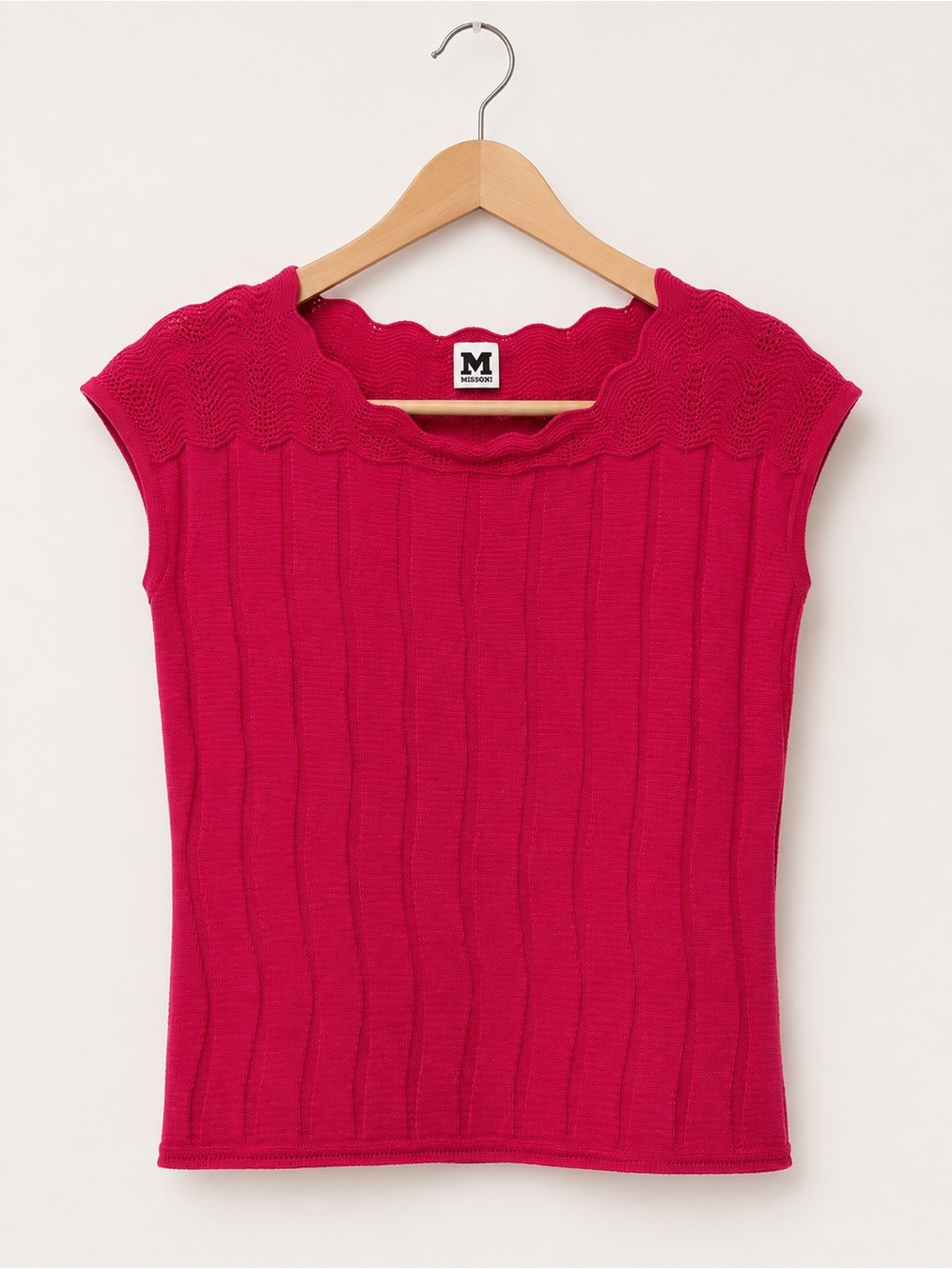 M by Missoni Fuchsia Cap Sleeve Scallop-Neck Ribbed Knit Top